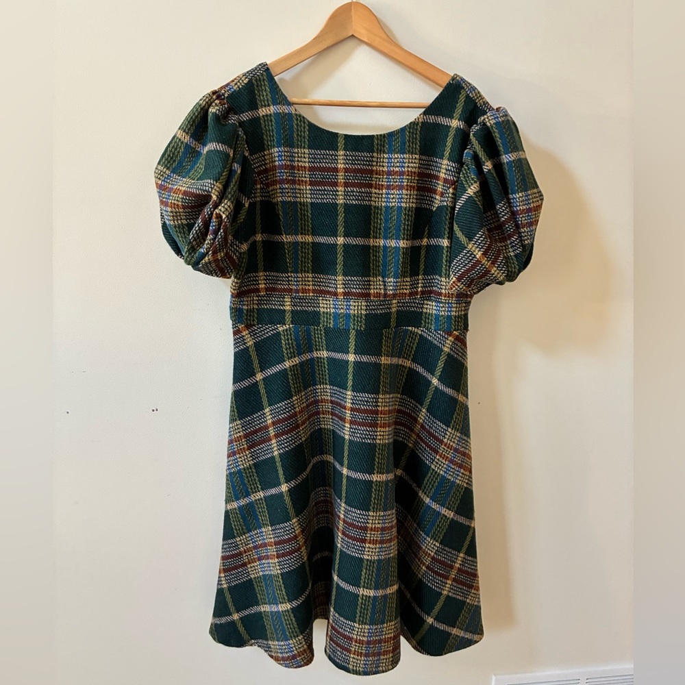 Ivy City Co Plaid Puff Sleeve Midi Dress